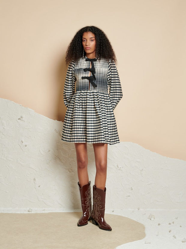 counter pleated mini dress ghospell Ghospell Bobbi Check Mini Dress Black & White Check / XS