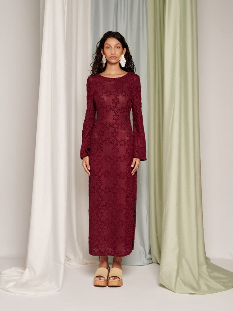 burgundy crochet maxi dress Burgundy Lace Maxi Dress With Crochet Top