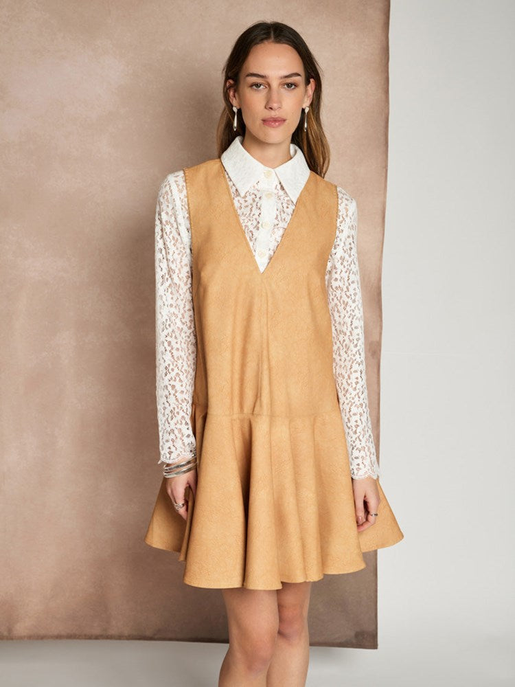 slim fit dress slacks Ghospell Camila Faux Leather Mini Dress Ochre Tan / M+