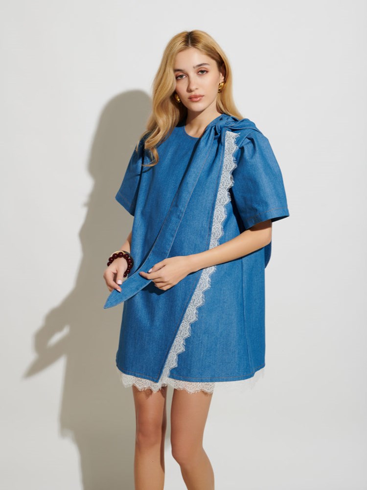 sachin and babi light blue dress Asymmetric Draped Chiffon Mini Dress (French Lace) S / Beige main image 1
