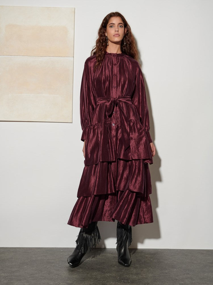 ghospell ruched midi dress Ghospell Feven Oversized Midi Dress Bordeaux Red / S