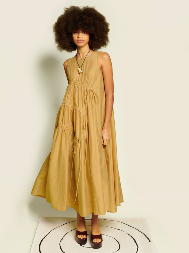 Ghospell Nerissa Ruched Midi Dress Hay Tan / M+ Ghospell Nerissa Ruched Midi Dress Hay Tan / M+