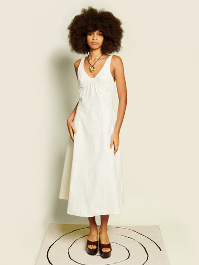 knee length dresses for ladies Daniela Ruched Halter Midi Dress / White | Meshki