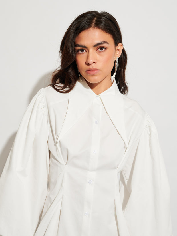 ghospell oversized collar mini dress in pearl ivory Shona Joy Oakley Strapless Draped Mini Dress in White