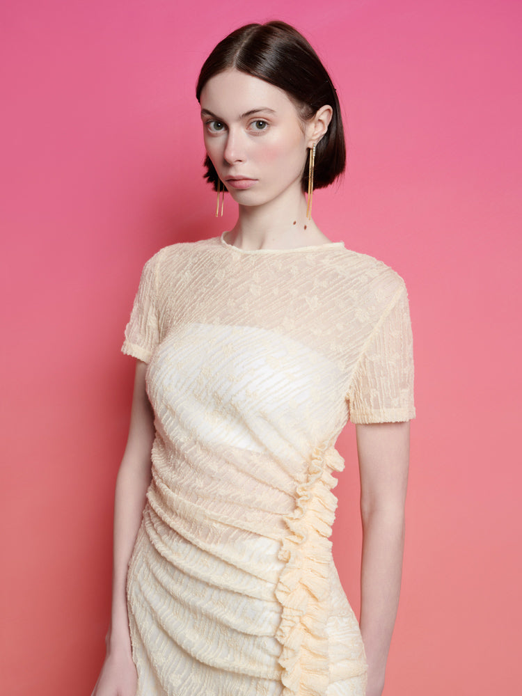 ghospell ruched midi dress in white Ghospell Lucia Ruched Midi dress Lilac Pink / L