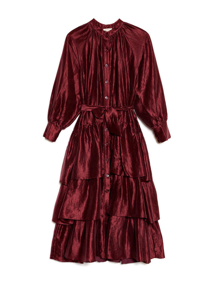ghospell ruched midi dress Ghospell Feven Oversized Midi Dress Bordeaux Red / S
